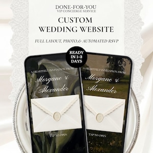 May include: A digital display showing a custom wedding website service. The text reads DONE-FOR-YOU VIP CONCIERGE SERVICE, CUSTOM WEDDING WEBSITE, FULL LAYOUT, PHOTO, & AUTOMATED RSVP. Two mobile screens show an invitation for Morgane & Alexander.