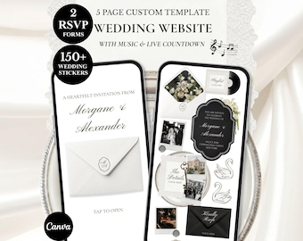 Vitsvart bröllopswebbmall, digital inbjudan med blommotiv från gamla pengar i Canva: musik, nedräkning, OSA (digital nedladdning)