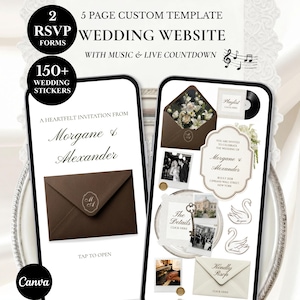 May include: A 5-page custom wedding website template featuring music and a live countdown. The design includes 150+ wedding stickers, RSVP forms, and digital invitation layouts with brown envelopes, swan illustrations, and elegant typography.