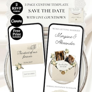 Puede incluir: Plantilla digital de invitación de boda mostrada en dos smartphones. El diseño presenta un sobre color crema con detalles florales y el texto "Save the Date". La invitación incluye los nombres Morgane & Alexander y la fecha 18 de julio de 2027.