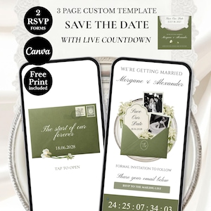 Sitio Web de Boda Save the Date Verde Sabia, Invitación Digital Floral Elegante Old Money: Cuenta Regresiva, RSVP Móvil (Descarga Digital)
