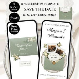 Puede incluir: Plantilla de invitación de boda digital que se muestra en dos teléfonos inteligentes. El diseño presenta un sobre verde salvia con el texto "Save the Date" y "The start of our forever". Incluye formularios RSVP, compatibilidad con Canva y una opción de impresión gratuita.