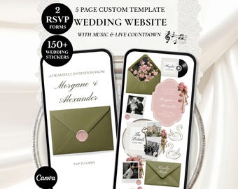 Faire-part Site Mariage Strawberry Matcha Rose Vert Olive, Invitation Canva Florale Old Money : RSVP, Musique, Compte à Rebours (Digital)