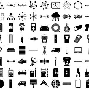 May include: A collection of black icons representing telecommunications and networking equipment, including network diagrams, cables, tools, servers, satellite dishes, vehicles, and various electronic devices arranged in a grid pattern.