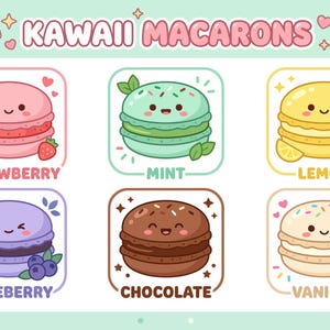 Kawaii Macaron SVG-paket, pastellbagerigrafik, fransk kaka Clipart (digital nedladdning)