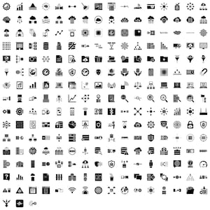 Puede incluir: Una colección completa de iconos vectoriales negros dispuestos en una cuadrícula, que presenta varios símbolos relacionados con datos, redes, computación en la nube, seguridad, análisis, hardware e infraestructura digital para diseño de interfaces.
