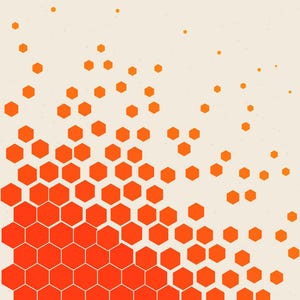 Puede incluir: Un diseño gráfico con un patrón de hexágonos naranjas y rojos sobre un fondo crema claro. Los hexágonos están densamente agrupados en la esquina inferior izquierda y se dispersan gradualmente hacia la parte superior derecha.