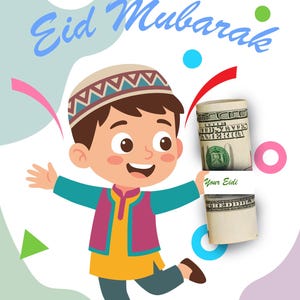 Könnte beinhalten: Cartoon-Illustration für Eid Mubarak. Ein lächelndes Kind in traditioneller Kleidung hält gerollte Dollar-Scheine mit der Aufschrift "Your Eidi". Das Bild zeigt einen Mond, einen Stern und die Worte "Eid Mubarak" in Blau.