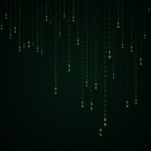 May include: A digital background featuring vertical streams of white binary code consisting of zeros and ones cascading down against a dark, deep green gradient backdrop, creating a pattern reminiscent of falling data in a computer system.