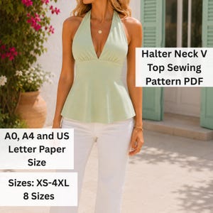 Puede incluir: Un top verde claro con cuello halter, escote en V profundo y cuerpo entallado que se ensancha en la cintura. La imagen incluye el texto: Halter Neck V Top Sewing Pattern PDF, A0, A4 and US Letter Paper Size, Sizes: XS-4XL 8 Sizes.