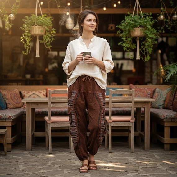 Handmade Bohemian Patchwork Pants | Relaxed Fit Cotton Trousers with Drawstring Waist, Casual Hippie Festival & Lounge Wear