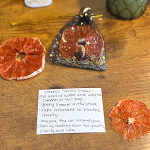 Puede incluir: Una bolsa transparente llena de rodajas de naranja secas, estrellas y una luna creciente. La bolsa está atada con una cuerda dorada. El texto en la tarjeta dice "Lenora's Spring Simmer".