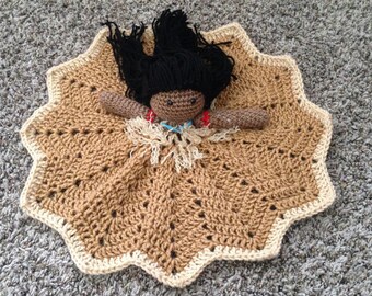 Crochet Pocahontas princess lovey, security blanket, doll, baby shower