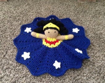 Crochet Wonder Woman lovey, security blanket, doll, baby shower