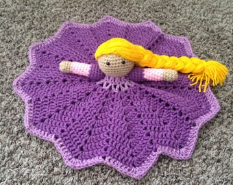 Crochet Rapunzel princess lovey, Tangled, security blanket, doll, baby shower