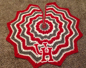 Crochet Houston Cougars red and grey Christmas tree skirt with logo