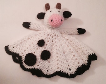 Crochet black and white cow lovey, security blanket, doll, baby shower