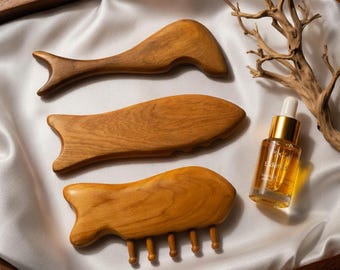 Wooden massage combo, 3pc Wooden Gua Sha Set, Fish Shaped Massager, Wood Therapy Gift, Relaxation and wellness