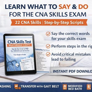 Puede incluir: Imagen que promociona una guía de estudio para el examen de habilidades de CNA. La imagen presenta una tableta que muestra la guía "CNA Skills Test", junto con guiones impresos y un estetoscopio. El texto destaca aspectos clave: "Aprenda qué decir y hacer", "22 habilidades de CNA" y "Descarga instantánea de PDF".