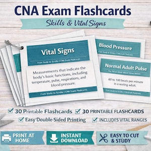 Può includere: Flashcard per l'esame CNA per competenze e segni vitali. Include flashcard su segni vitali, pressione sanguigna e polso normale negli adulti. Dispone di 30 flashcard stampabili con stampa fronte-retro e intervalli vitali.
