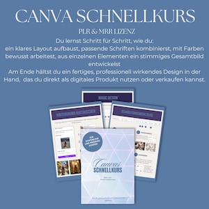 Könnte beinhalten: Blaues Grafikdesign mit dem Text "CANVA SCHNELLKURS" und weiterem deutschen Text. Das Bild enthält Mockups von digitalen Designseiten mit den Wörtern "MAGIC DESIGN", "HINTERGRUND AUSTAUSCHEN" und "BEARBEITUNGSWERKZEUGE".