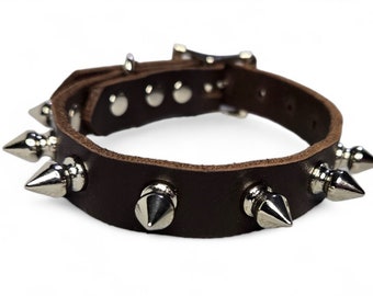 5/8 Inch Wide Brown Leather Dog Collar with Spikes