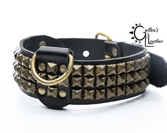 2 Inch Wide (Brass Pyramid Studs) Leather Dog Collar