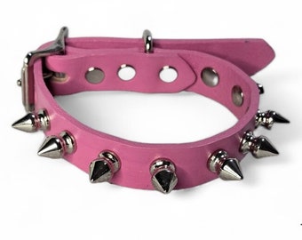 5/8 Inch Wide Pink Leather Dog Collar with Spikes