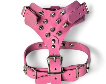 Small Leather Dog Harness with Spikes (Pink)