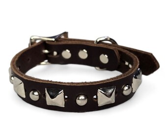 5/8 Inch Wide Brown Leather Dog Collar with Chrome Reg Pyramid and Circle Studs