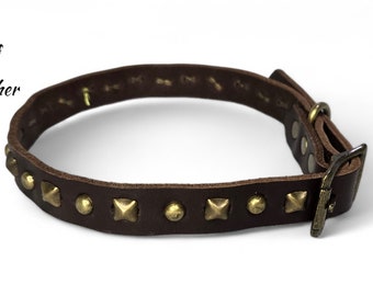 5/8 Inch Wide Brown Leather Dog Collar with Circle Studs and Circle Studs