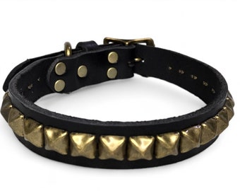 1 Inch Wide Leather Dog Collar with Brass Pyramid Studs