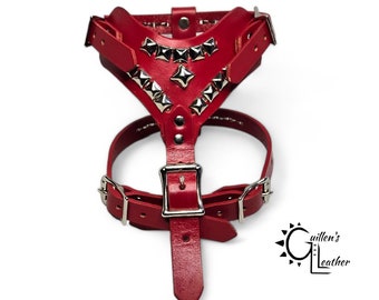 Small Leather Dog Harness with Pyramid Studs (Red)