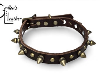 5/8 Inch Wide Brown Leather Dog Collar with Circle Studs and Spikes