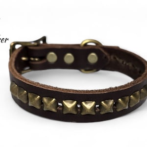 May include: Brown leather dog collar with brass pyramid studs and a buckle closure. "Guillen's Leather" is printed on the collar.