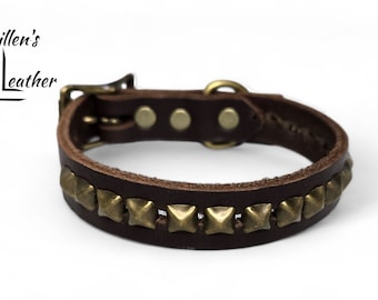 5/8 Inch Wide Brown Leather Dog Collar with Small Pyramid Studs