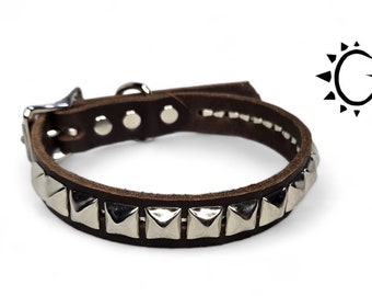 5/8 Inch Wide Brown Leather Dog Collar with Chrome Reg Pyramid Studs