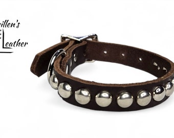 5/8 Inch Wide Brown Leather Dog Collar with Chrome Circle Studs