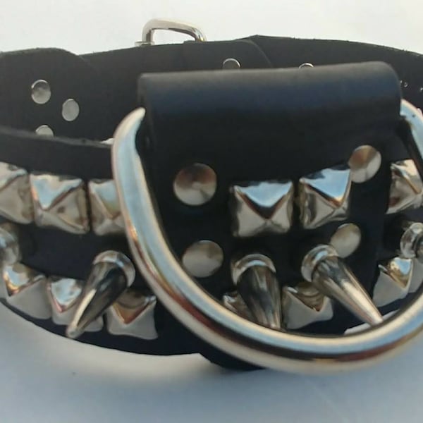 2 Inch Wide (Chrome Pyramids and Big Spikes) Leather Dog Collar