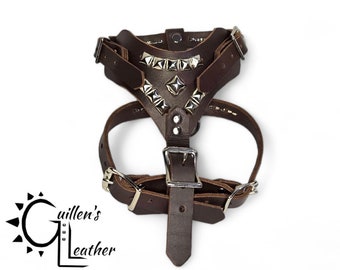 Small Leather Dog Harness with Pyramid Studs (Brown)