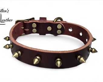 1 Inch Wide Leather Dog Collar with Brass Pyramid StudsSpikes