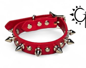 5/8 Inch Wide Red Leather Dog Collar with Spikes