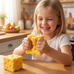 May include: A smiling young girl squeezes a yellow, cheese-shaped toy with holes. Another cheese-shaped toy sits on a wooden surface. The toys are a bright yellow colour and appear to be made of a soft material.