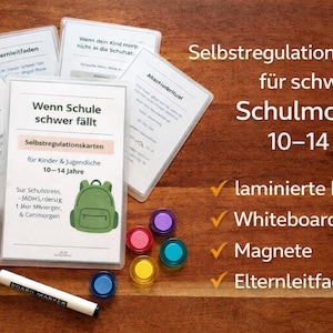 Könnte beinhalten: Ein Set laminierter Karten, Magnete, ein Whiteboard-Marker und ein "Elternleitfaden". Die Karten sind für Kinder und Jugendliche im Alter von 10-14 Jahren konzipiert und behandeln Schulstress. Der Text auf den Karten ist auf Deutsch.