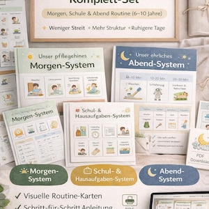Könnte beinhalten: Ein Set aus Lernkarten und Tafeln für Kinder, das Routinen für Morgen, Schule und Abend enthält. Das Set beinhaltet visuelle Hilfsmittel, Schritt-für-Schritt-Anleitungen und druckbare Strukturen für zu Hause. Der Text ist auf Deutsch.