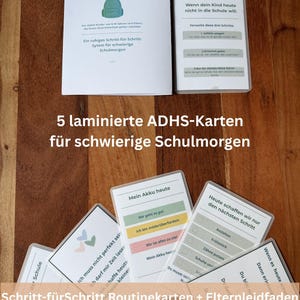Könnte beinhalten: Ein Set laminierter Karten und Ratgeber für Kinder im Alter von 6-10 Jahren, zur Bewältigung von Schulstress und Angstzuständen. Die Karten enthalten deutsche Texte mit Sätzen wie "Mein Akku heute" und "Schritt-für-Schritt Routinekarten".