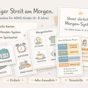 May include: A collection of illustrated cards and charts with German text, designed as a morning routine system for children with ADHD. Includes visual aids, a 20-minute system, and parent tips.