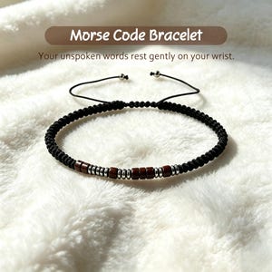 Personalized Morse Code Bracelet,Custom Secret Message Beaded Bracelet,Black Onyx Tiger Eye Wood Beads,Hidden Meaning Jewelry Gift For Him