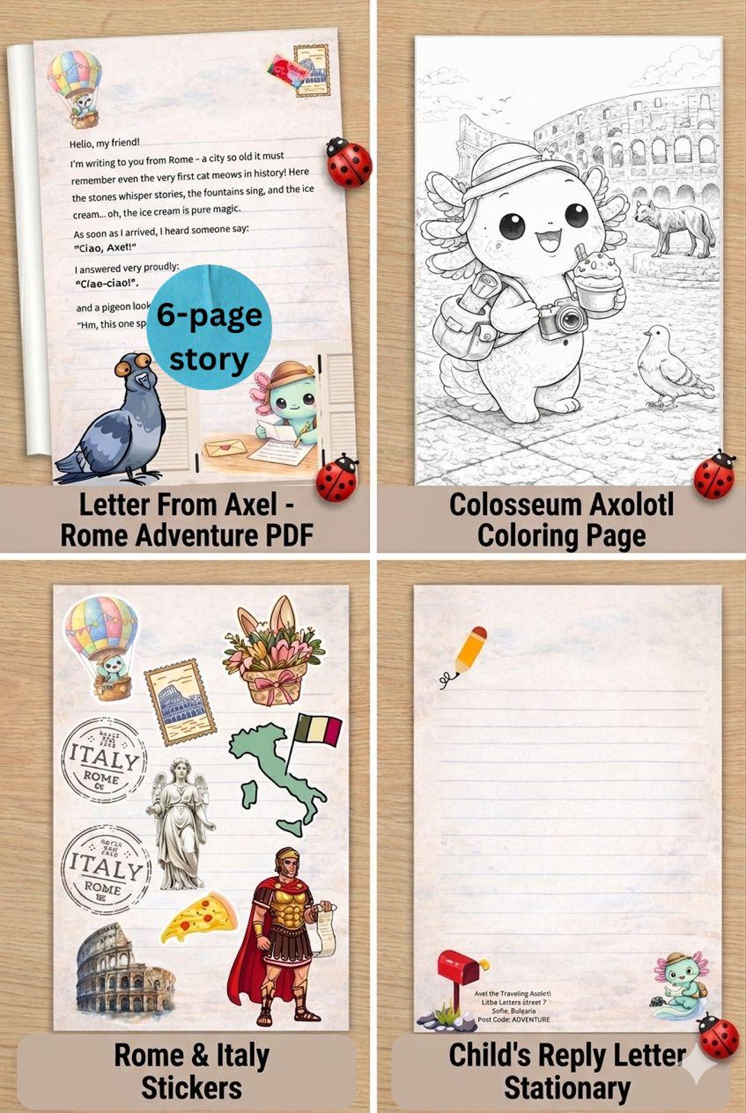 Axolotl Rome Adventure Letter, Coloring Page, Stickers (digital ...