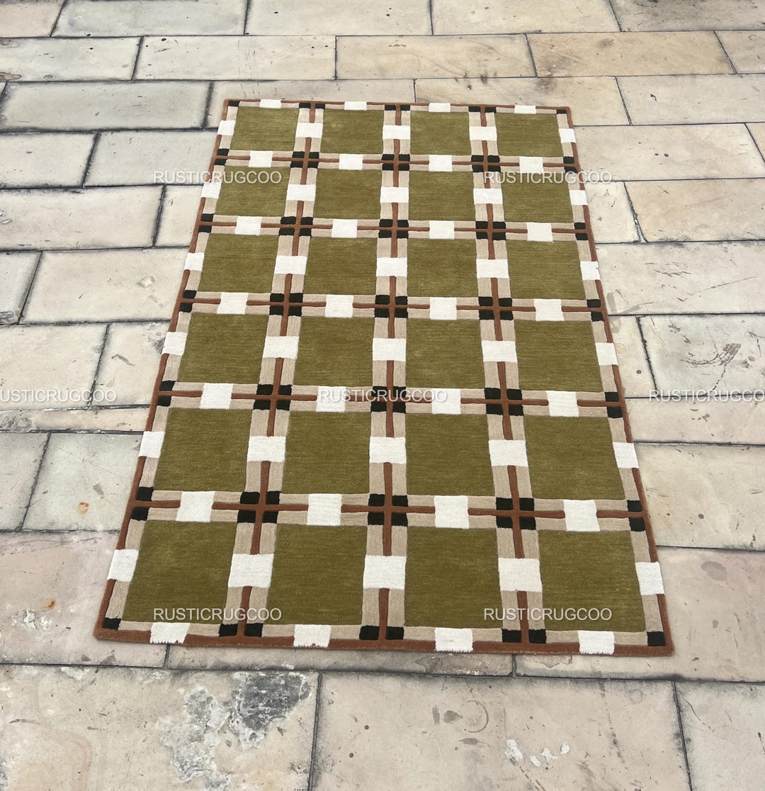 Modern Geometric Grid Hand Tufted Wool Rug Contemporary Olive Green ...